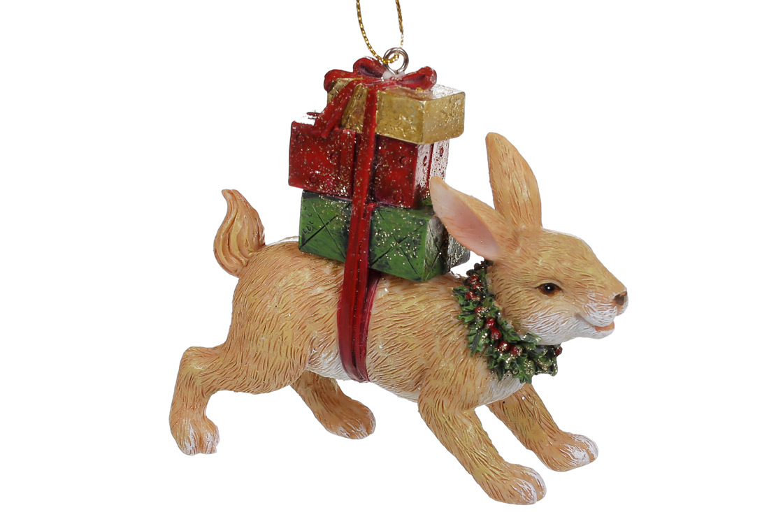 Декоративна підвіска Заєць з подарунками, 9.5см, колір - світло-коричневий