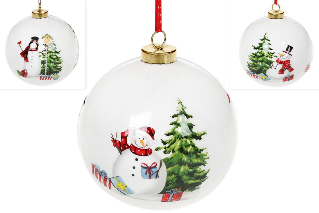 Ялинкова куля з кераміки з тристороннім малюнком Веселі сніговики, 10см, колір - білий