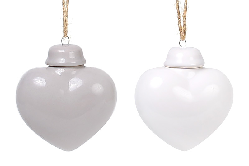 Декор на ялинку Серце 6.5см, 2 кольори мікс - білий, сірий