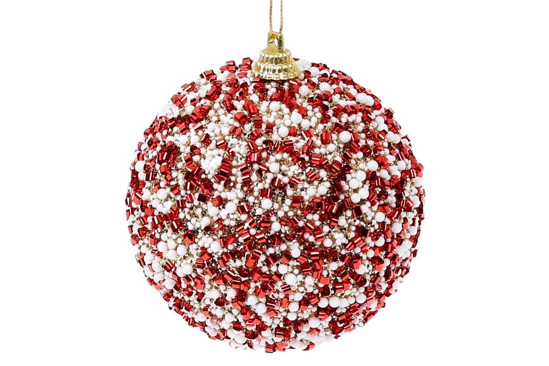 Ялинкова куля з присипкою з бісеру 8см, колір - червоний