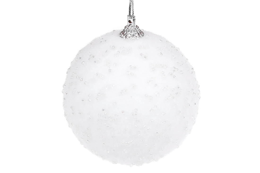 Ялинкова куля з велюровим покриттям та бісером 8см, колір - сніговий білий