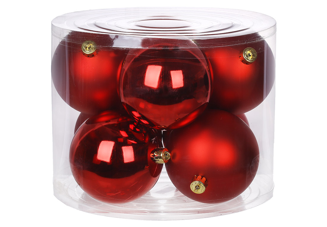 Набір ялинкових куль 10см, колір - червоний, 8 шт: 4шт - матовий, 4шт - глянець