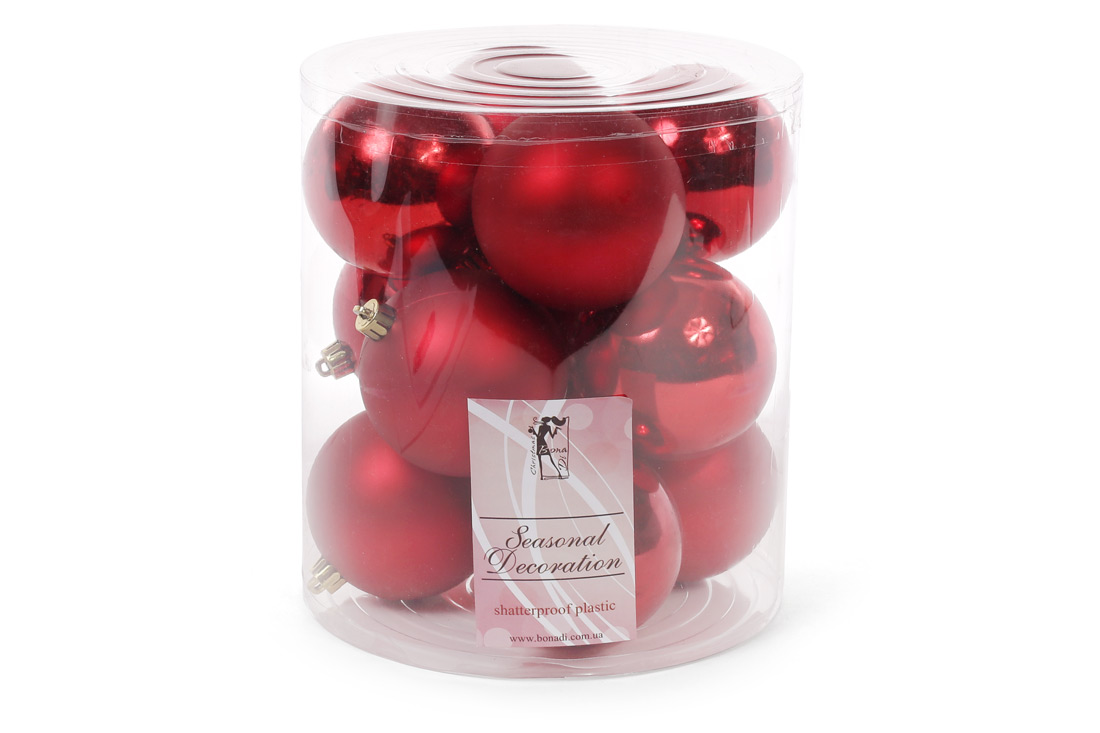 Набір ялинкових куль 8см, колір - червоний, 12шт: матовий, глянець по 6шт
