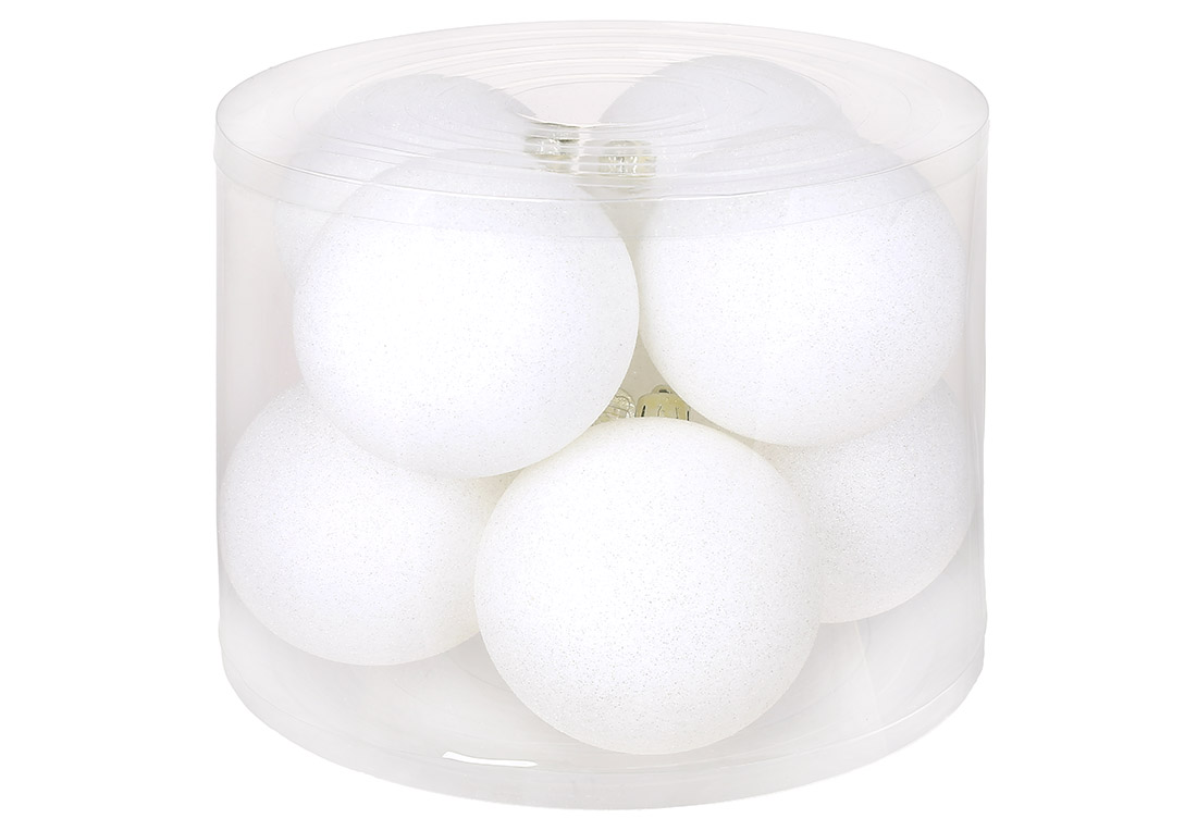 Набір ялинкових кульок 10см, колір - білий, 8шт - гліттер