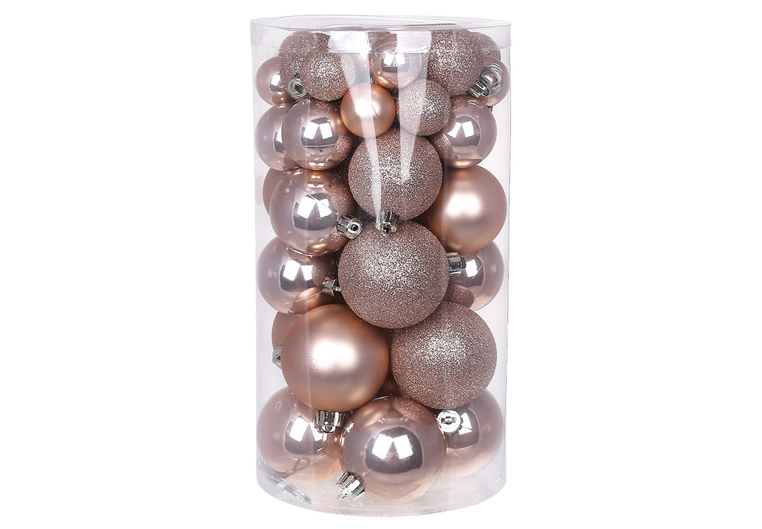 Набір ялинкових куль, колір - пудровий, 40шт - 6см, 5см, 4см, 3см: 4шт - перламутр, 3шт - матовий, 3шт - гліттер для кожного розміру