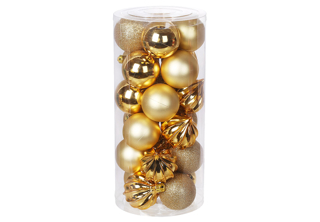 Набір ялинкових куль 6см, колір - золото, 24шт: 6шт - рельєф глянець, 6шт - глянець, 6шт - матовий, 6шт - гліттер