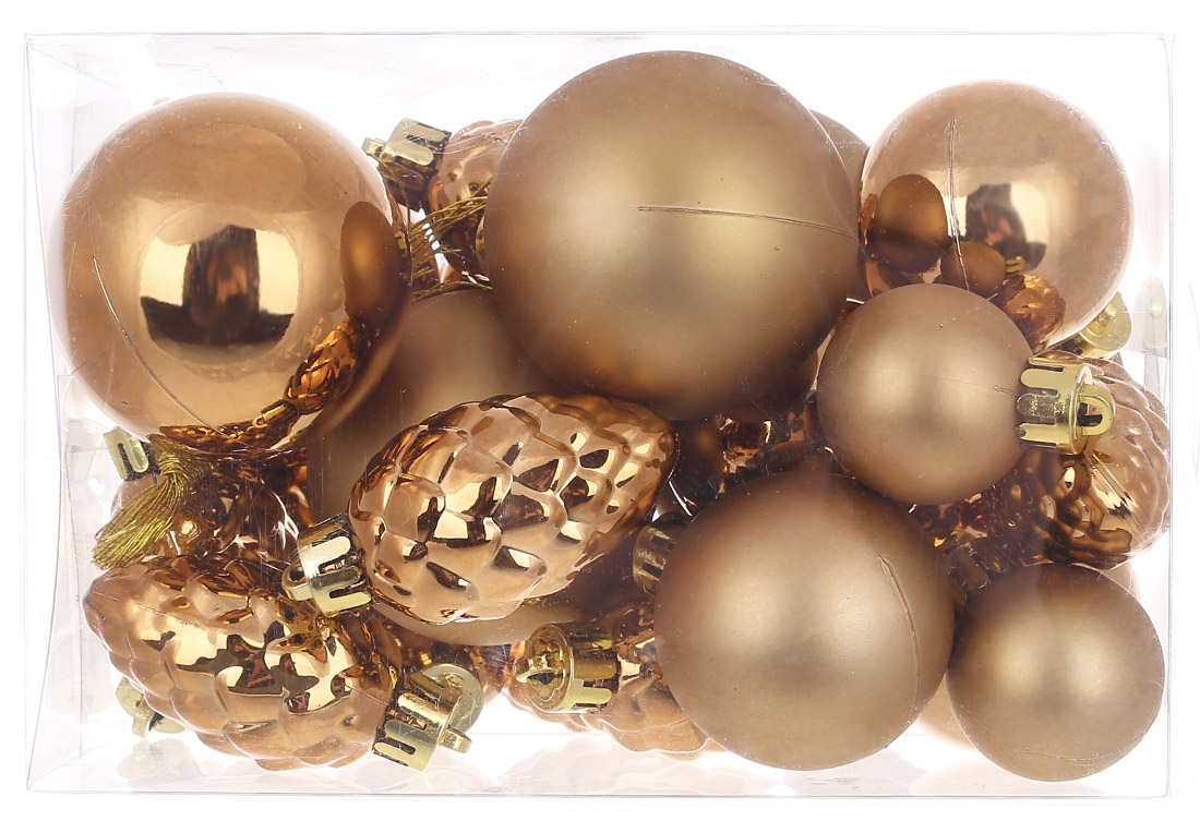 Набір ялинкових куль і шишок 25шт, колір - мокко, Шишки: 4.5см - 10шт глянець, Кулі: 3см -5шт матові; 4см - матовий і глянець по 3шт; 5см - матовий і