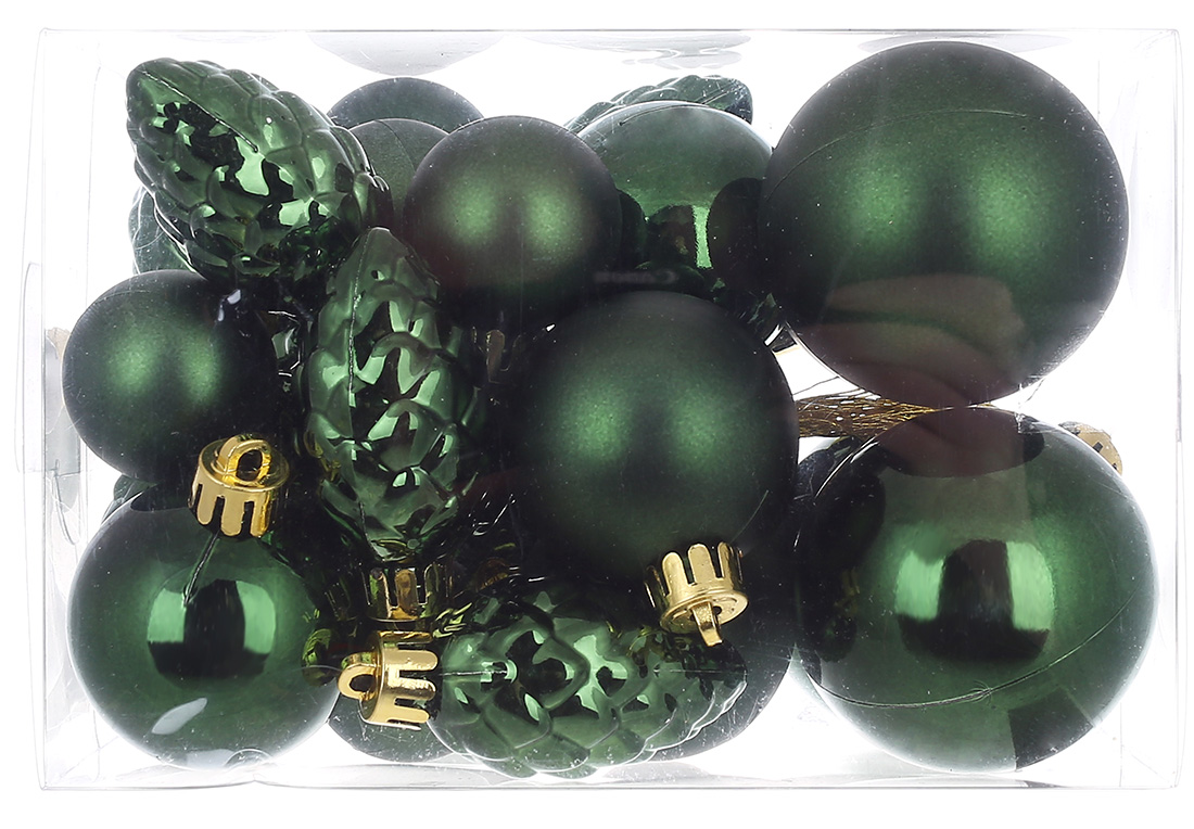 Набір ялинкових куль і шишок 25шт, колір - темно-зелений, Шишки: 4.5см - 10шт глянець, Кулі: 3см -5шт матові; 4см - матовий і глянець по 3шт; 5см - ма