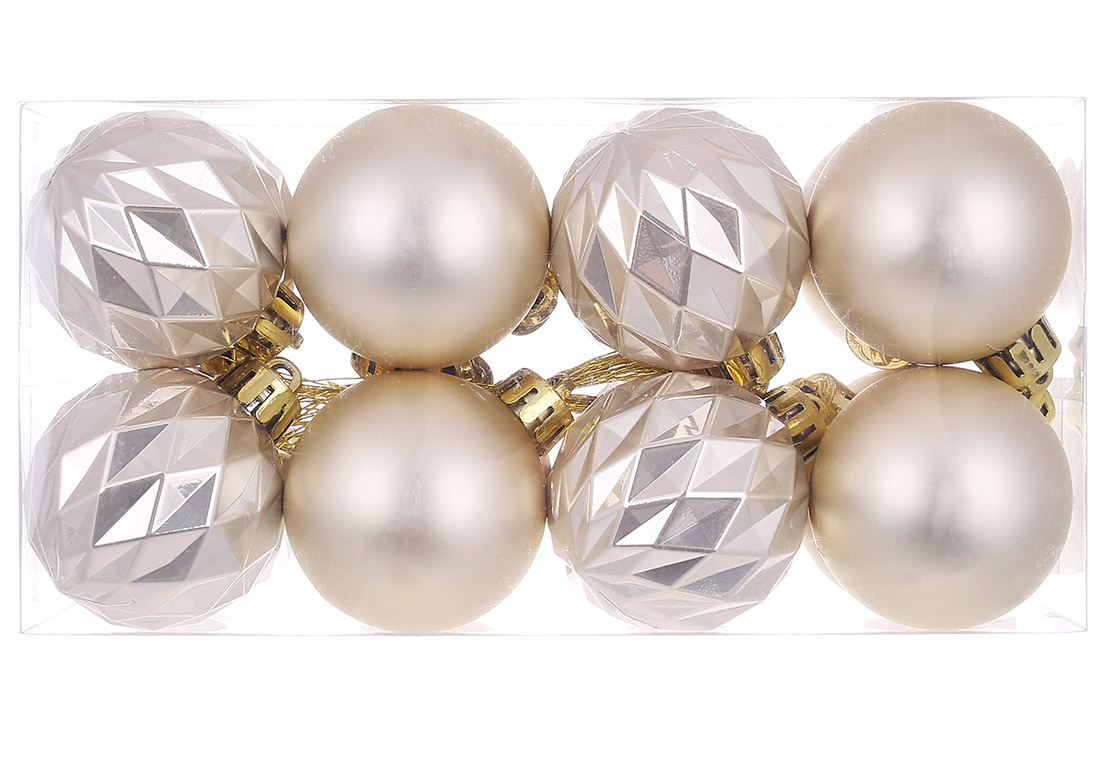 Набір ялинкових куль 4см, колір - шампань, 16шт: 8шт - рельєф перламутр, 8шт - матовий