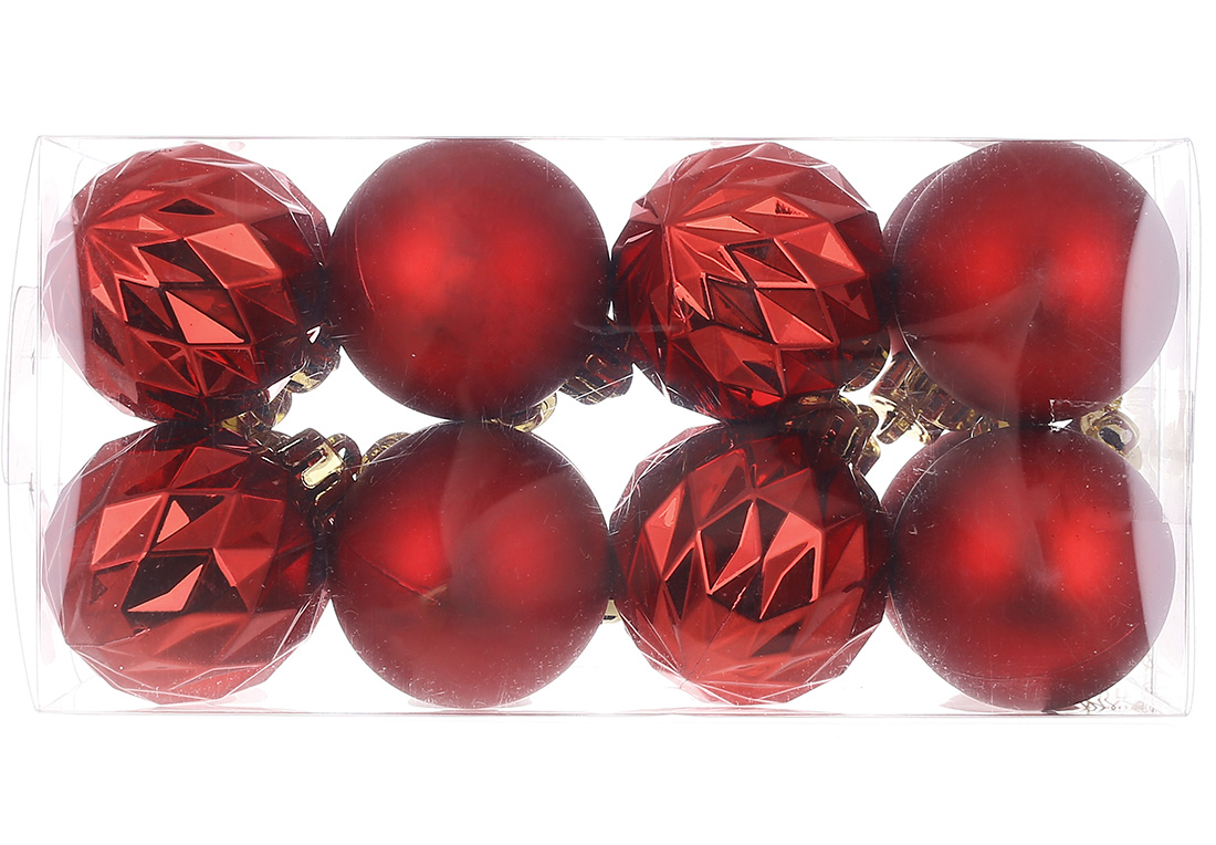 Набір ялинкових куль 4см, колір - червоний, 16шт: 8шт - рельєф глянець, 8шт - матовий