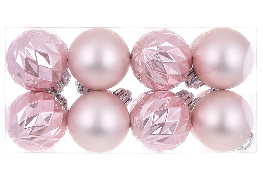 Набір ялинкових куль 4см, колір - рожевий, 16шт: 8шт - рельєф глянець, 8шт - матовий