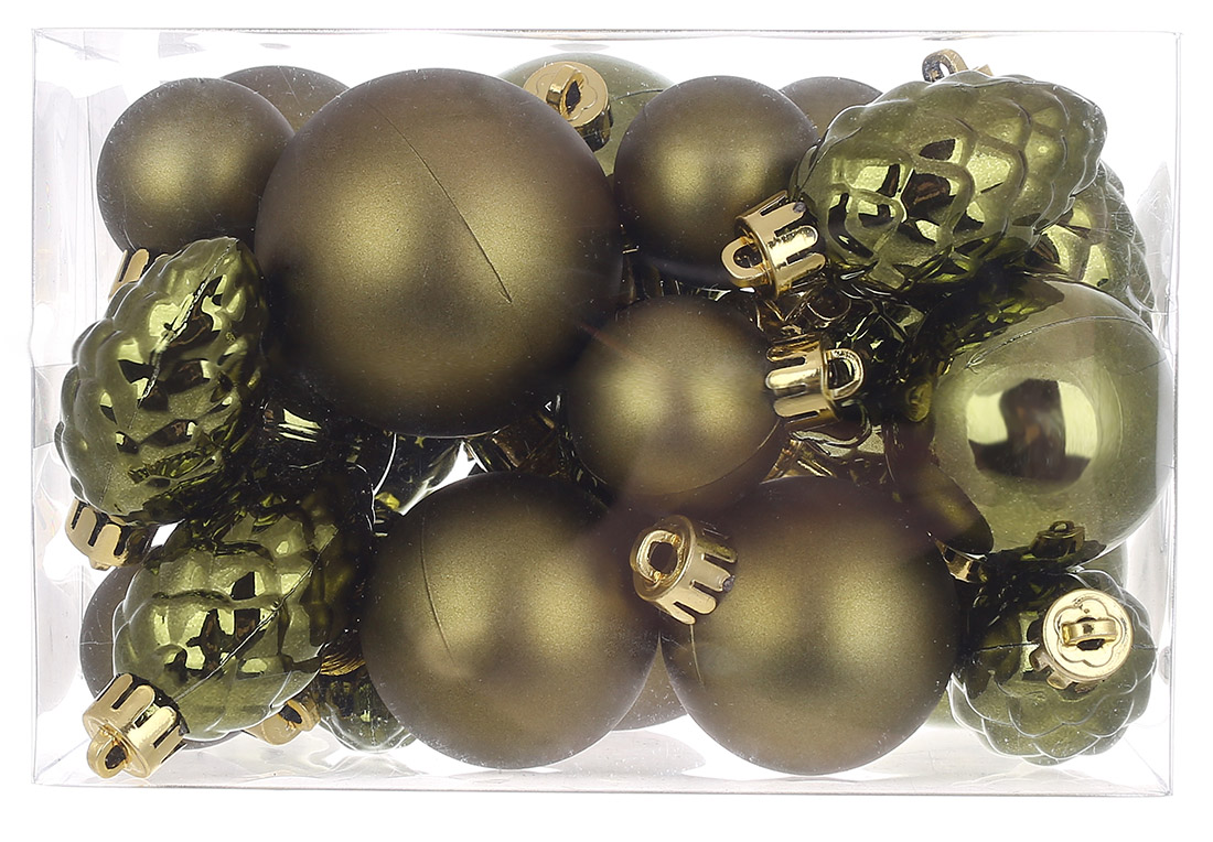 Набір ялинкових куль і шишок 25шт, колір - хакі, Шишки: 4.5см - 10шт глянець, Кулі: 3см -5шт матові; 4см - матовий і глянець по 3шт; 5см - матовий і г