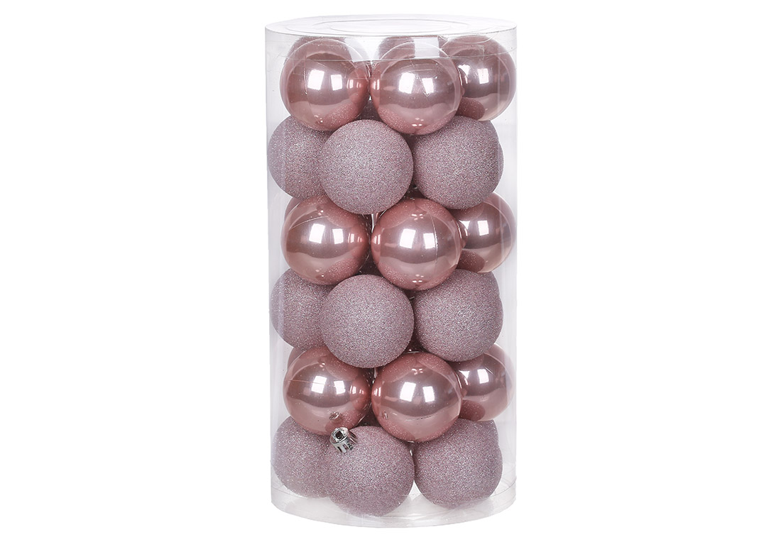 Набір ялинкових куль 5см, колір - рожевий, 30шт: 15шт - гліттер, 15шт - перламутр