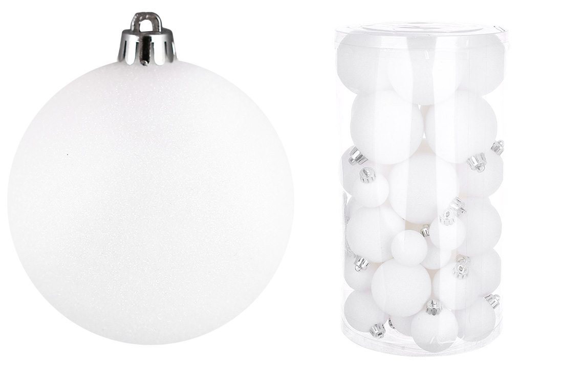 Набір ялинкових куль, колір - білий гліттер, 40шт - 6см, 5см, 4см, 3см