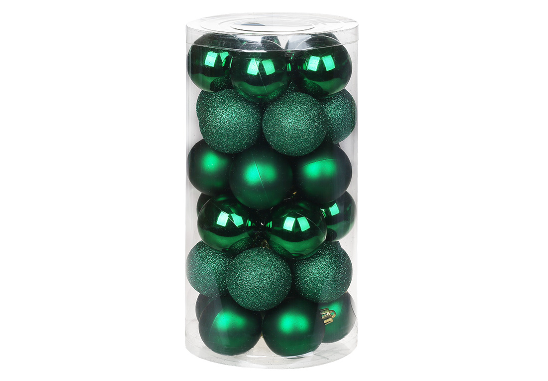 Набір ялинкових куль 5см, колір - зелений, 30шт: 10шт - гліттер, 10шт - матовий, 10шт - глянець
