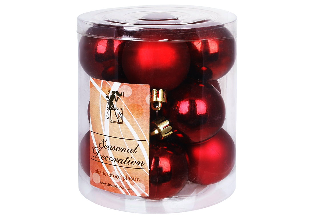 Набір ялинкових куль 4см, колір - марсала, 12шт: 6шт - глянець, 6шт - матовий