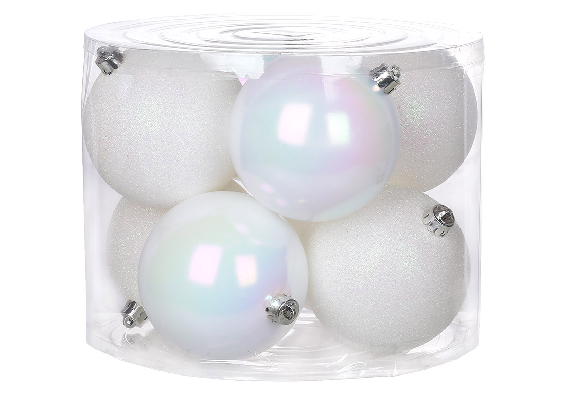 Набір ялинкових куль 10см, колір - білий, 8шт: 4шт - перламутр, 4шт - гліттер