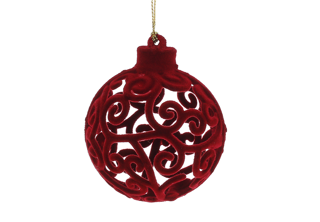 Пластикова ялинкова куля ажурна з флоковим напиленням 6см, колір - червоний