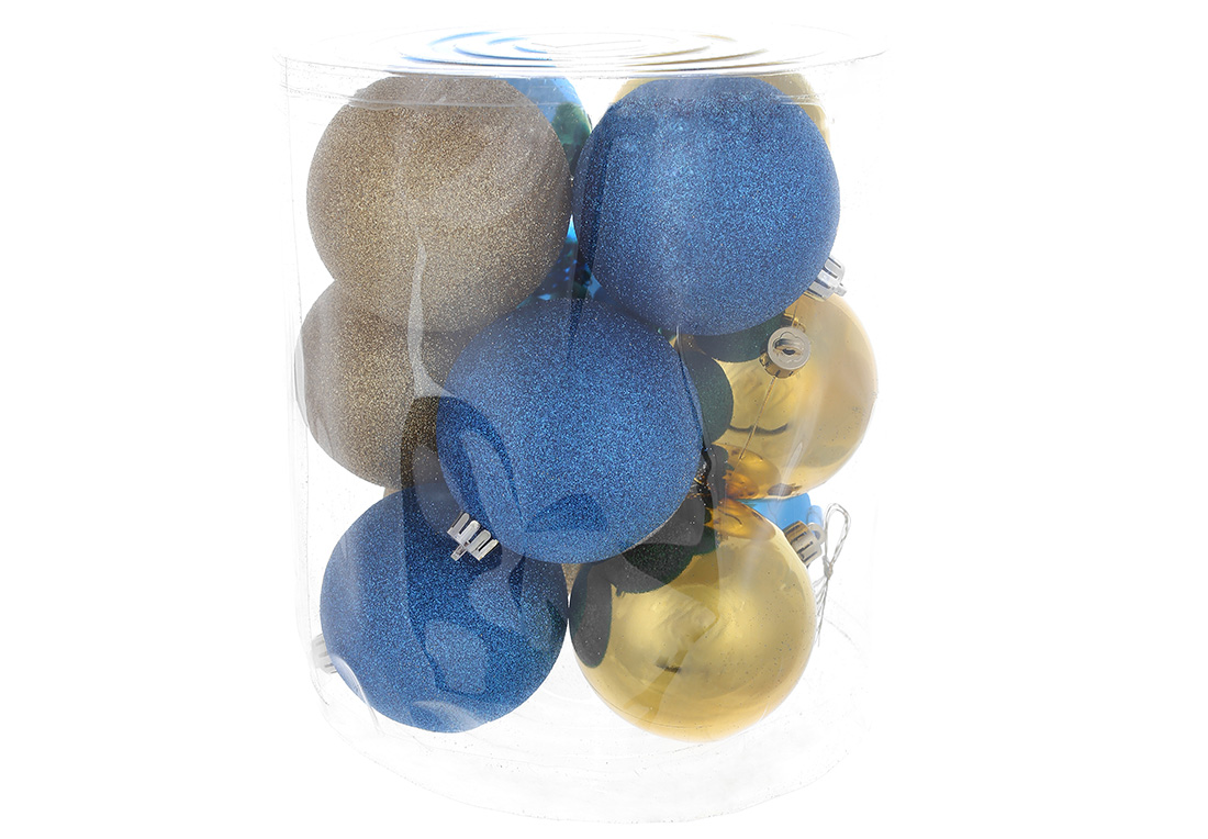 Набір ялинкових куль 8см, колір - сині із золотими, 12шт: глянець, гліттер - по 6шт