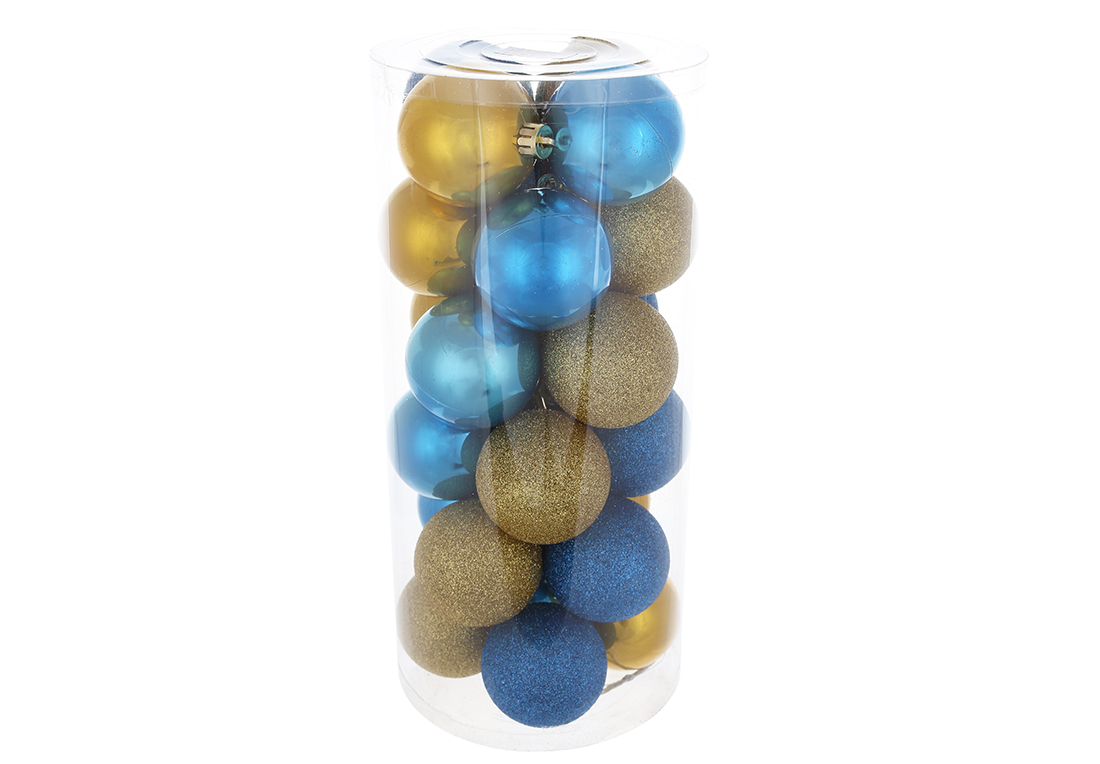 Набір ялинкових куль 6см, 24шт; колір - сині із золотими, 12шт - гліттер, 12шт перламутрові