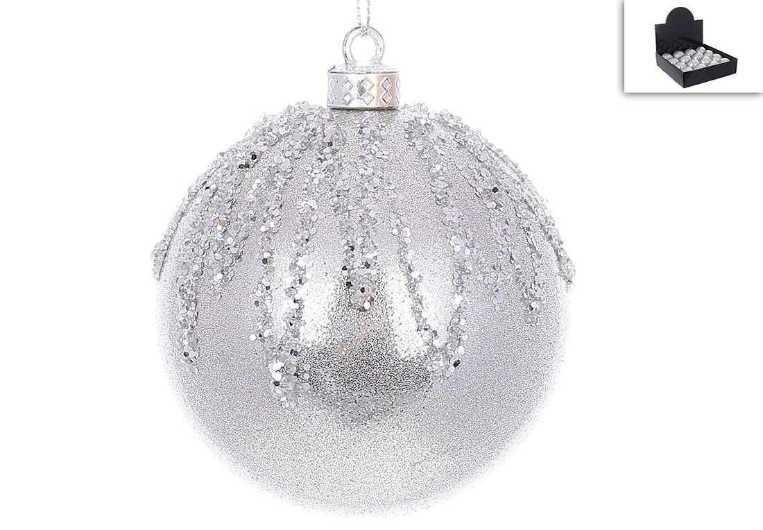 Ялинкова куля з декором із гліттера 8см, колір - срібло