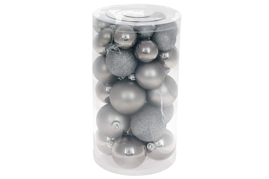 Набір ялинкових куль, колір - теплий сірий, 40шт - 6см, 5см, 4см, 3см: 4шт - перламутр, 3шт - глітер, 3шт - матовий для кожного розміру