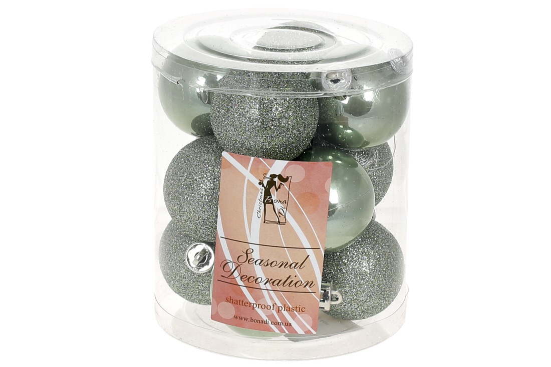 Набір ялинкових куль 4см, колір - зелена шавлія, 12шт: гліттер, перламутр - по 6шт