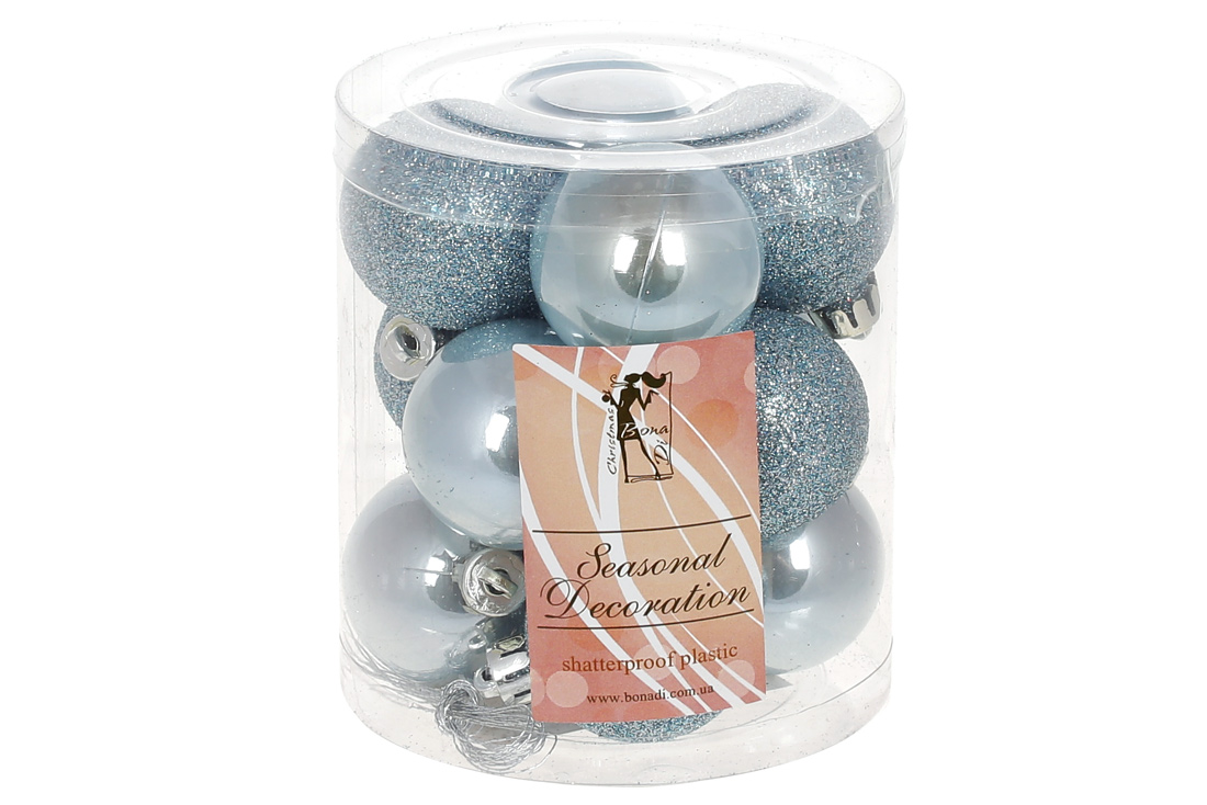 Набір ялинкових куль 4см, колір - блакитний, 12шт: перламутр та гліттер - по 6шт