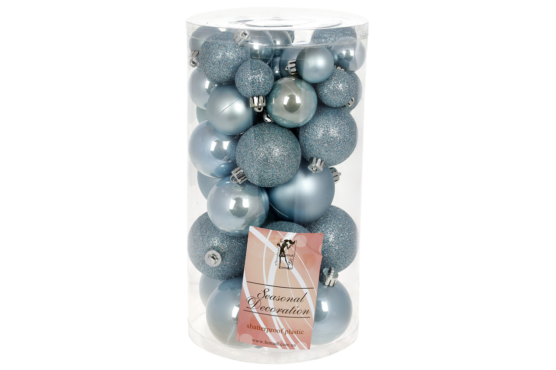 Набір ялинкових куль, колір - блакитний, 40шт - 6см, 5см, 4см, 3см: 4шт - перламутр, 3шт - матовий, 3шт - гліттер для кожного розміру