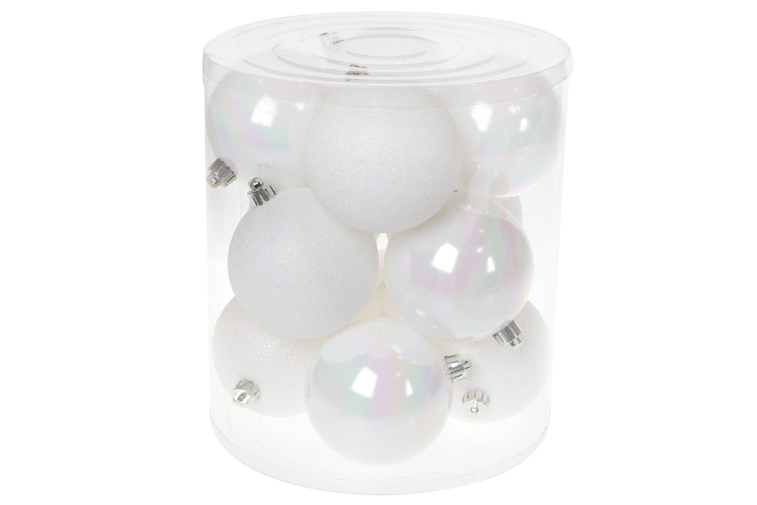 Набір ялинкових куль 8см, 12шт; колір - білий, 6шт - перламутр, 6шт - гліттер