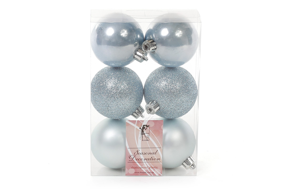 Набір ялинкових куль 6см, колір - блакитний, 6шт: матовий, перламутр, глітер - по 2шт