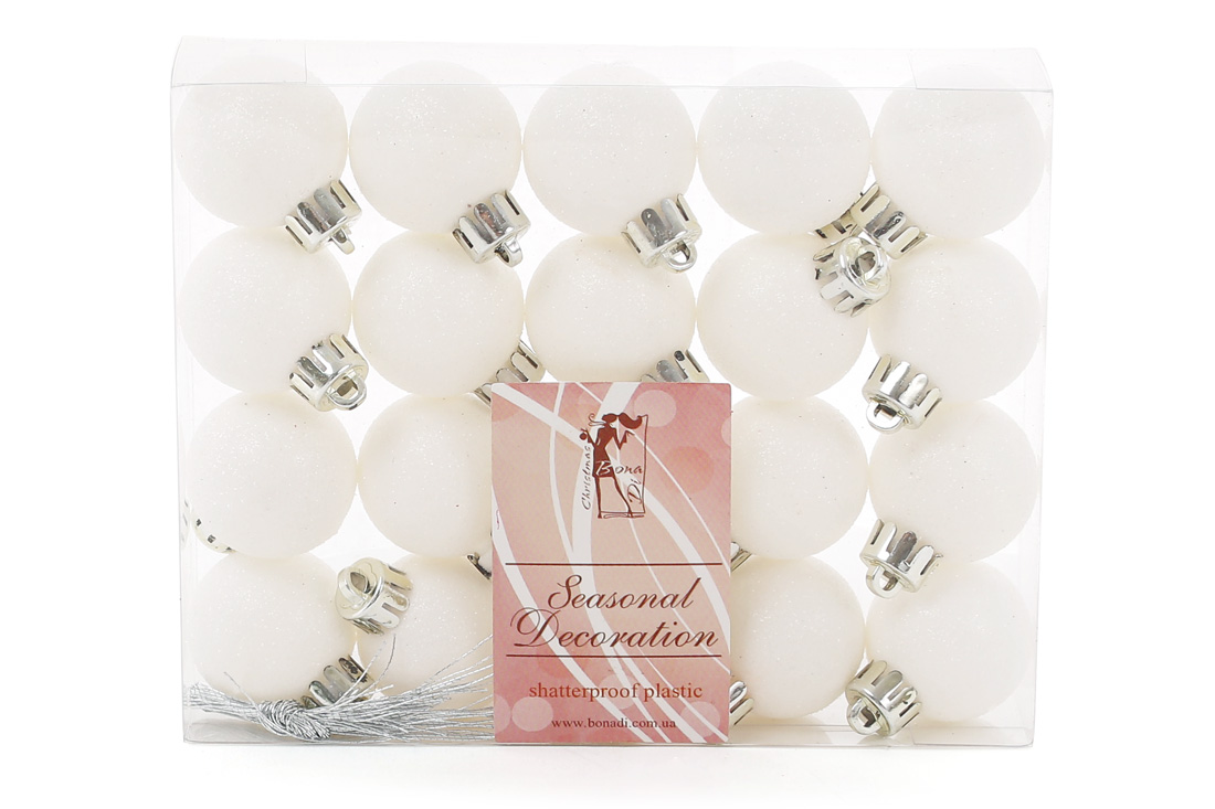 Набір ялинкових куль 3см, колір - білий з гліттером, 20шт