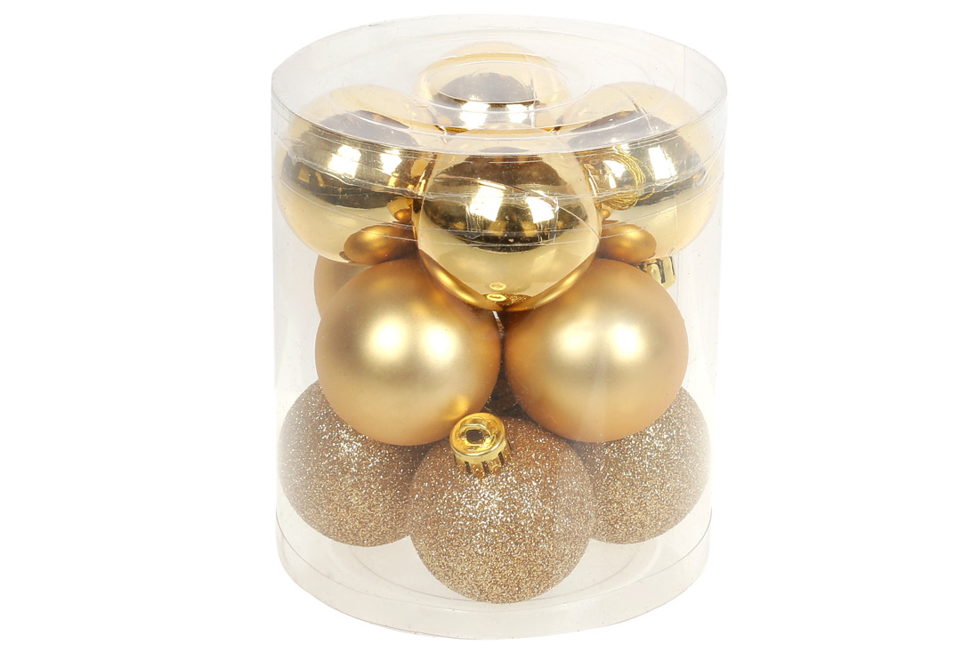 Набір ялинкових куль 4см, колір - золото, 12шт: глянець, матовий, гліттер - по 4шт