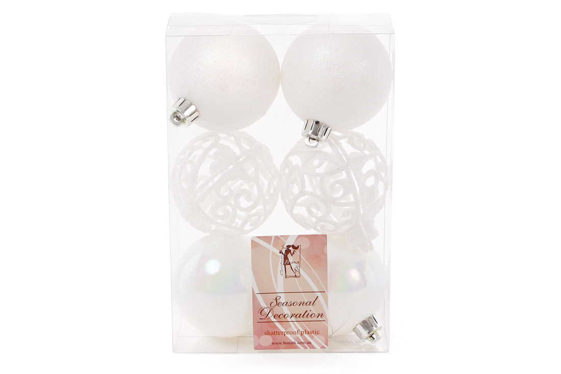 Набір ялинкових куль Ажур, 6см, колір - білий, 6шт: 2шт - гліттер, 2шт - перламутр, 2шт - ажур гліттер