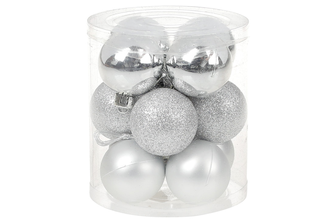 Набір ялинкових куль 4см, колір - срібло, 12шт: глянець, матовий, гліттер - по 4шт