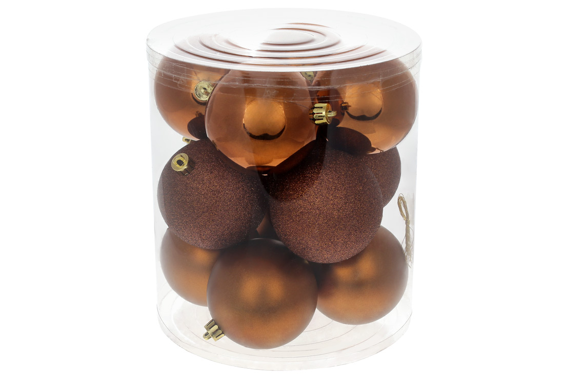 Набір ялинкових куль 8см, колір - корціа, 12шт: глянець, матовий, гліттер по 4шт