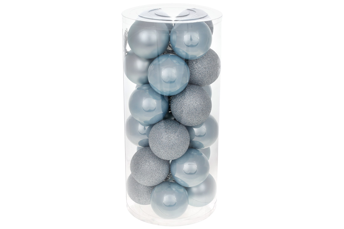 Набір ялинкових куль 6см, 24шт, колір - синій туман, 12шт - перламутр, по 6шт - глітер, матовий