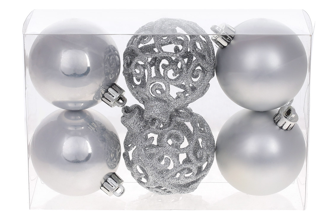 Набір ялинкових куль Ажур, 6см, колір - срібло, 6шт: 2шт - матовий, 2шт - перламутр, 2шт - ажур гліттер