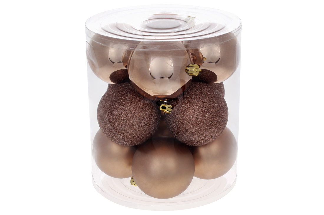 Набір ялинкових куль 8см, колір - карамельний мокко, 12шт: матовий, глянець і гліттер по 4шт