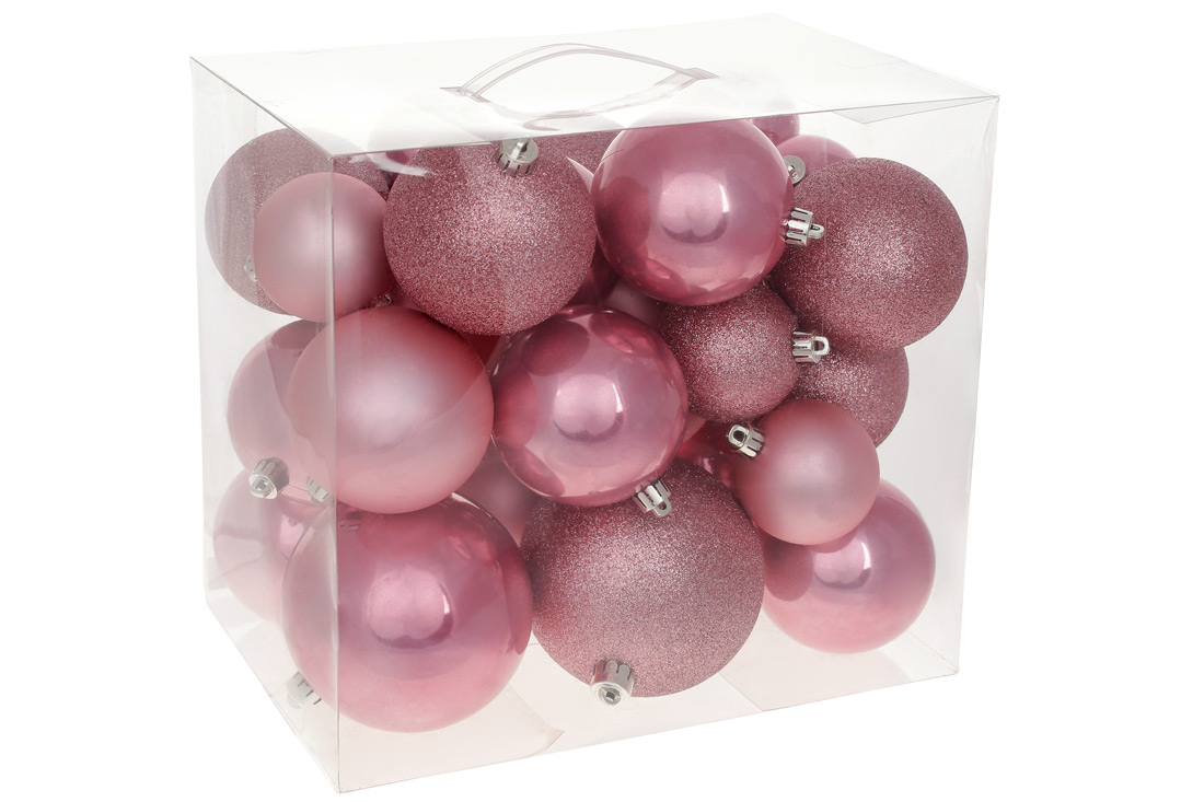 Набір ялинкових куль "Танець фламінго" 26 шт, 10см, 8см, 6см: перламутр, матовий, гліттер