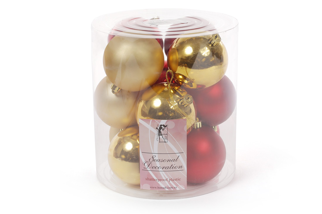 Набір ялинкових куль 8см, колір - золото з червоним, 12шт: матовий, глянець - по 3шт у кожному кольорі
