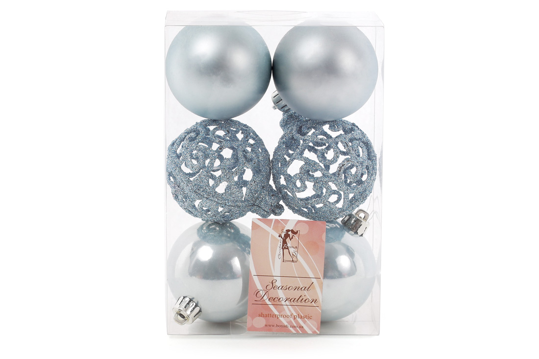 Набір ялинкових куль Ажур, 6см, колір блакитний, 6шт: 2шт - глітер, 2шт - перламутр, 2шт - ажур глітер