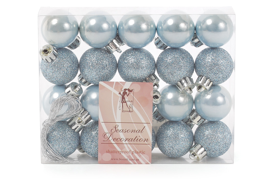 Набір ялинкових куль 3см, колір - блакитний, 20 шт.: перламутр, глітер - по 10 шт