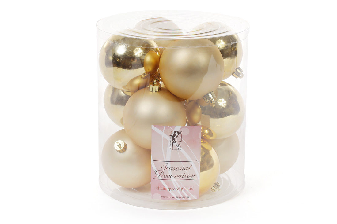 Набір елочих куль 8см, колір - золото, 12шт: матовий, глянець по 6шт