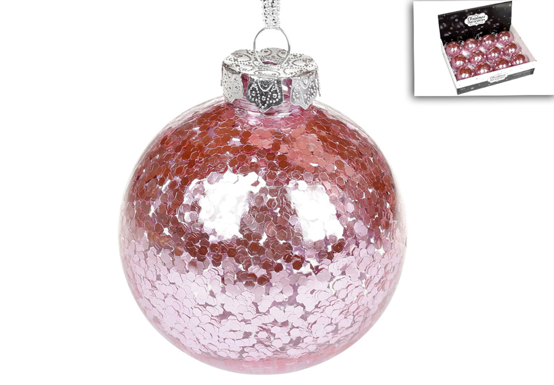 Ялинкова куля 8см, колір - рожевий з паєтками всередині