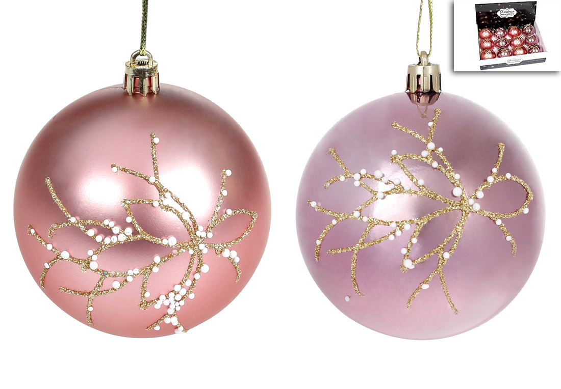 Ялинкова куля 8см, мікс 2-х кольорів у дисплей коробці: рожевий матовий та лавандовий глянець із золотим візерунком та бісером