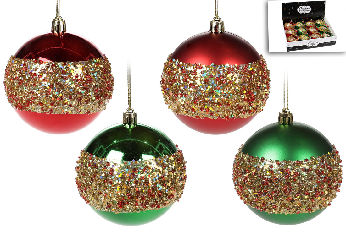 Ялинкова куля 8см, колір - червоний і зелений із золотою присипкою, мікс 4 дизайнів в дисплей коробці