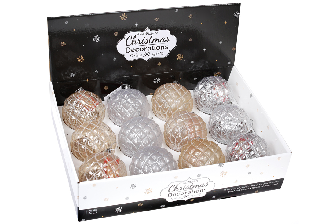 Ялинкова куля 10см, колір - шампань антик, срібло антик, 4 дизайни мікс