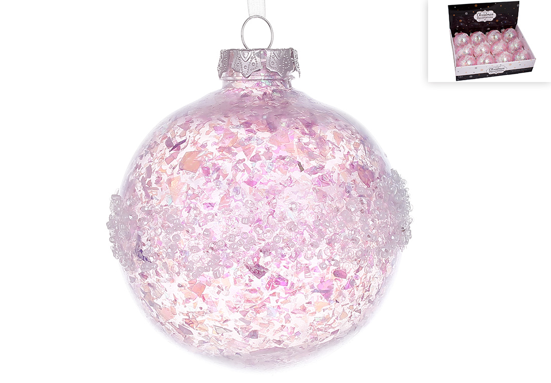 Ялинкова куля з декором з паєток та бісеру 10см, колір - ніжно-рожевий