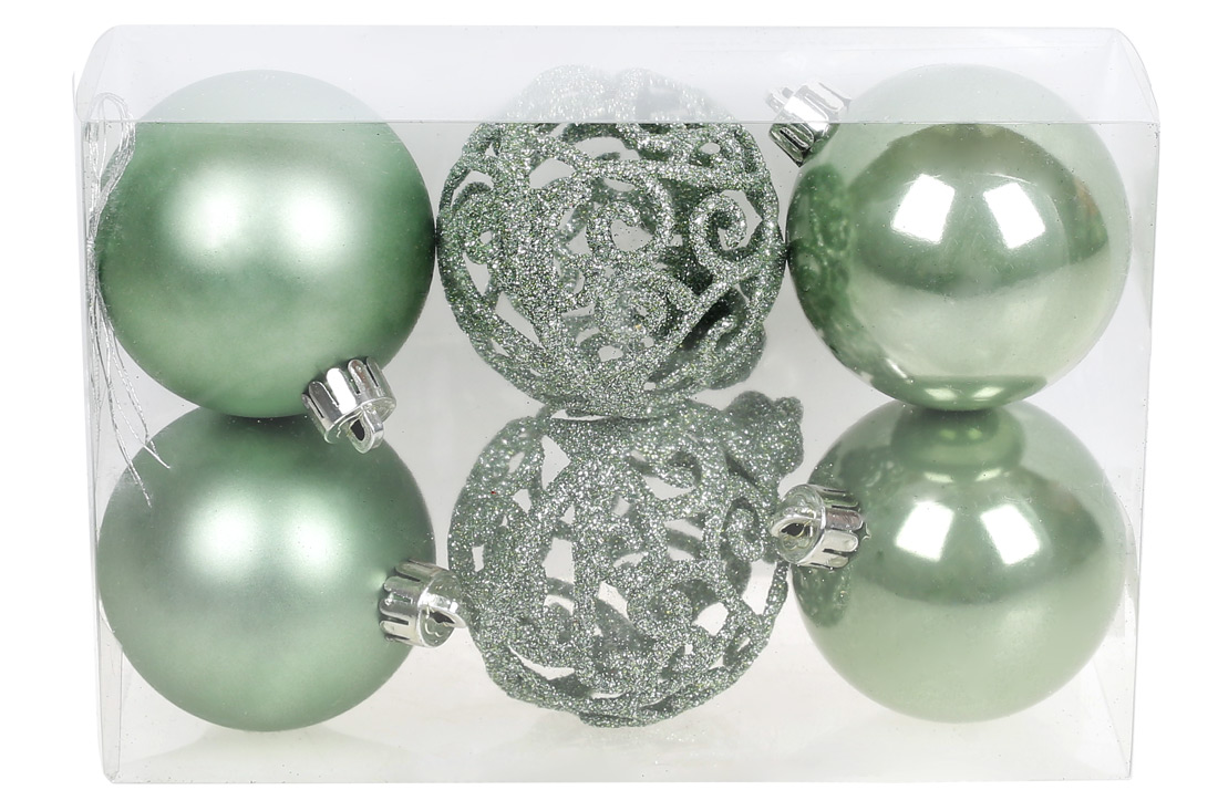 Набір ялинкових куль Ажур, 6см, колір - зелена шавлія, 6шт: 2шт - матовий, 2шт - перламутр, 2шт - ажур гліттер